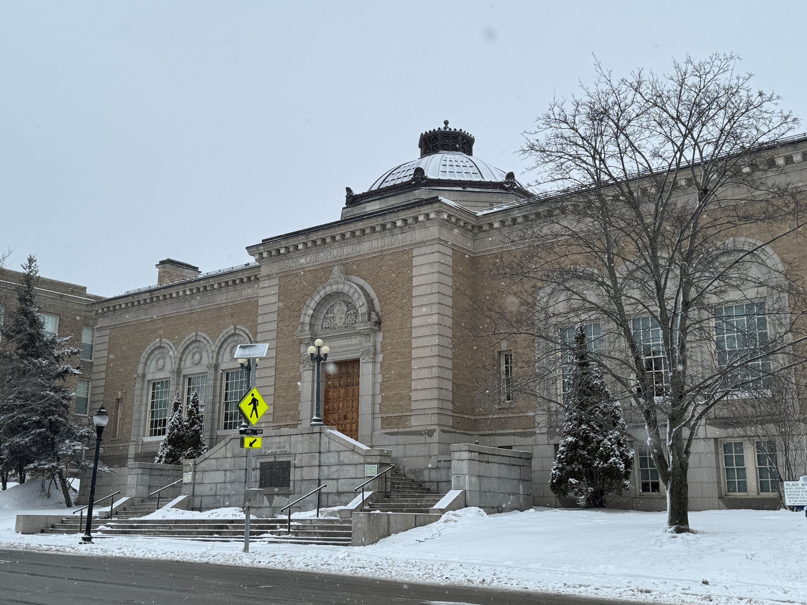 Bangor Public Library during snow.