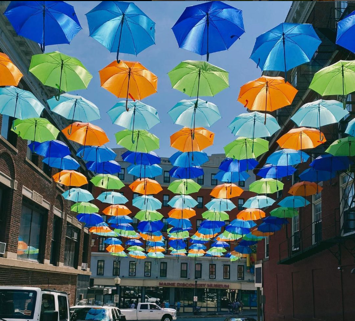 Umbrella Sky Art Installation in Downtown Bangor